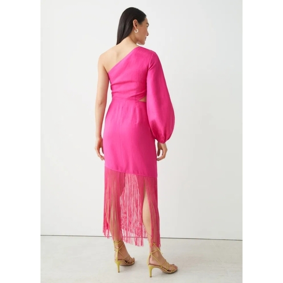 NEW! & Other Stories | Fringed One-Shoulder Midi Dress in Pink - Picture 3 of 13